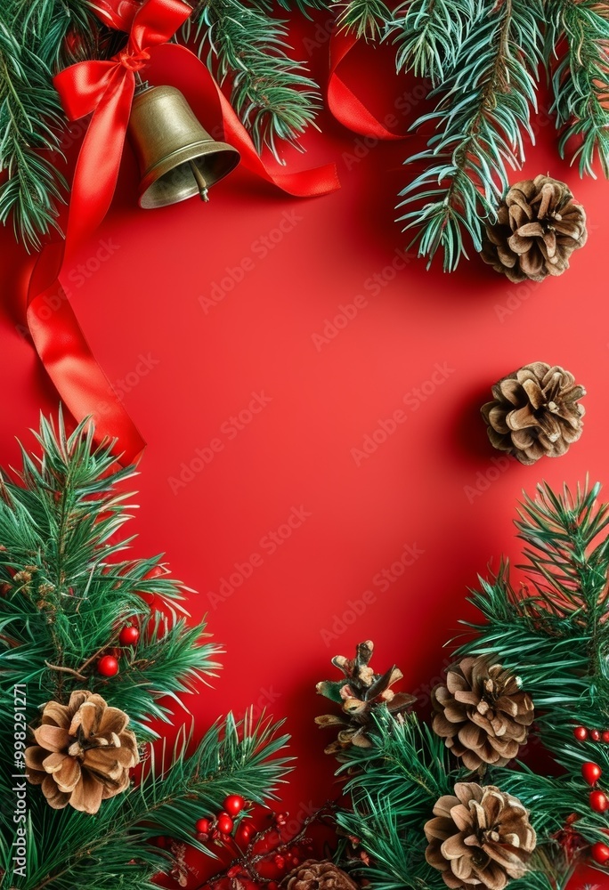 decorations made of fir branches with cones and a red ribbon on a red background, festive , New Year, greeting background with an additional place to write a text or insert a greeting decorations made of fir branches with cones and a red ribbon on a red background, festive , New Year, greeting background with an additional place to write a text or insert a greeting