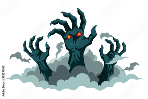 horror zombie hands in a mist on white background, Halloween ghost bat