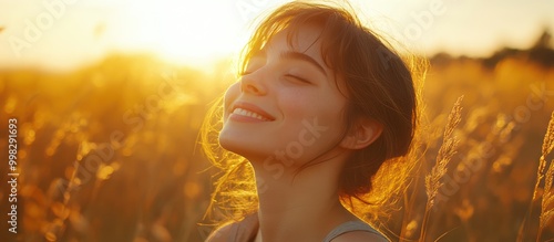 Happy woman with closed eyes enjoying the summer sunset in a field of golden grass. photo