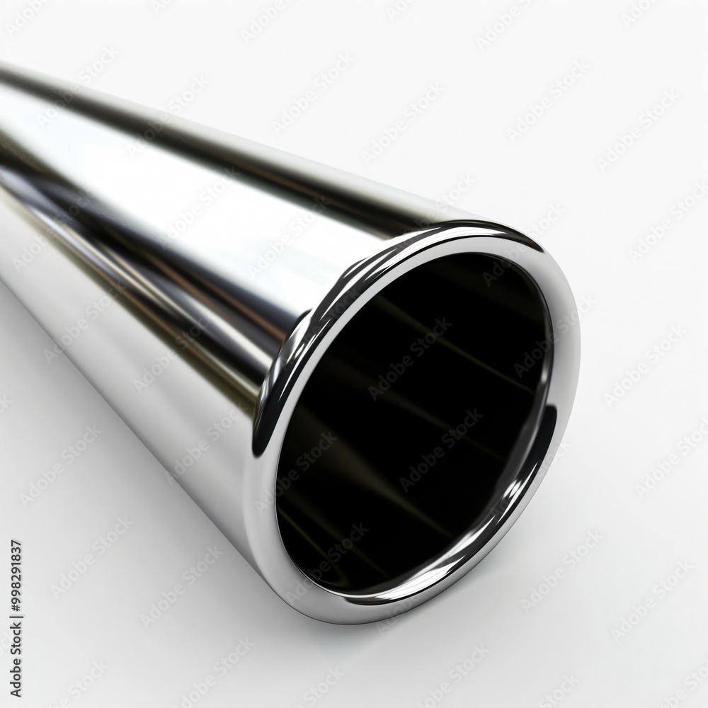 Close up of a stainless steel pipe section lying on white background, shiny metal tube reflecting light Close up of a stainless steel pipe section lying on white background, shiny metal tube reflecting light