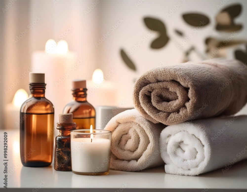 Spa Still Life with Aromatherapy and Towels Spa Still Life with Aromatherapy and Towels