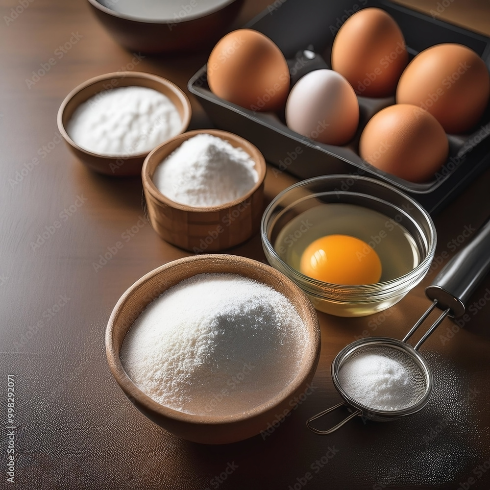 Cake Ingredients. Flour, sugar and eggs on the kitchen table Cake Ingredients. Flour, sugar and eggs on the kitchen table