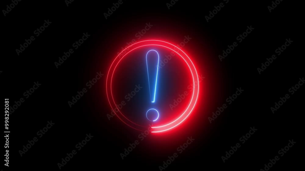Neon glowing red colour error circle round icon on black background animation. Neon glowing red colour error circle round icon on black background animation.