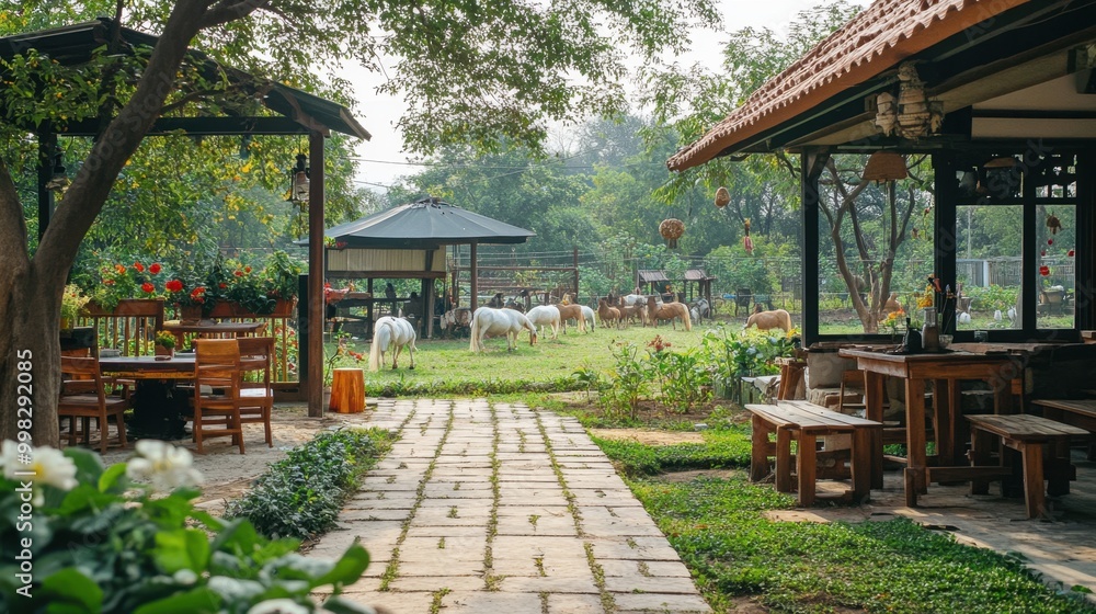 Enjoy sweet delicacies at Cafe while watching a picturesque farm scene with animals like ponies and chickens frolicking nearby. Enjoy sweet delicacies at Cafe while watching a picturesque farm scene with animals like ponies and chickens frolicking nearby.