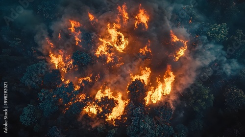 Aerial view of a raging forest fire engulfing trees in flames and smoke.