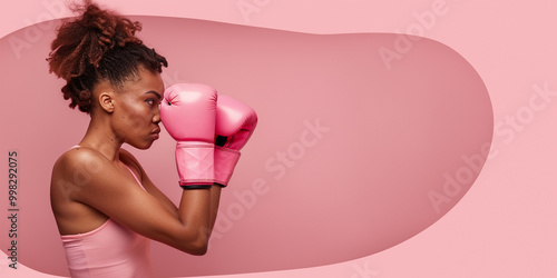 A woman wearing pink boxing gloves is standing in front of a pink background. Generative AI