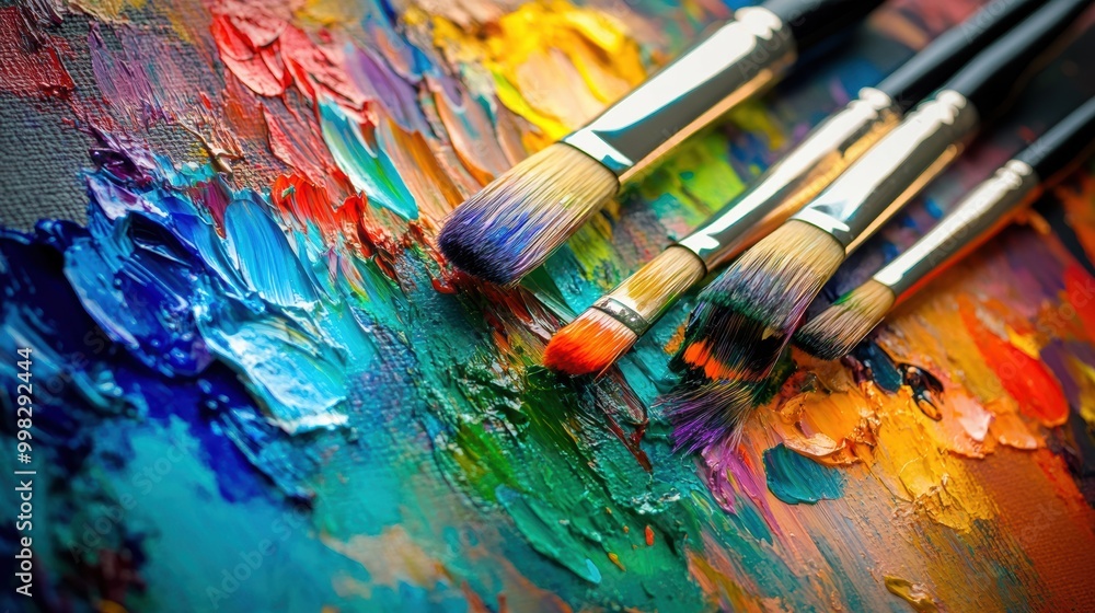 Obraz premium Bright paint splashes and brushstrokes come together as artists explore their creativity on a vibrant canvas in a studio. Generative AI