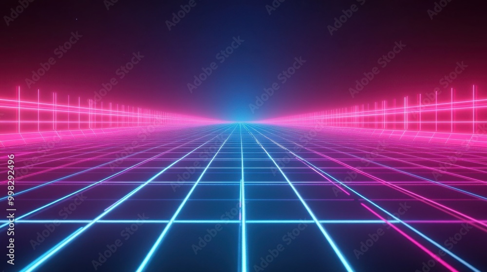Futuristic neon grid background with glowing blue and pink lines stretching into the distance Futuristic neon grid background with glowing blue and pink lines stretching into the distance