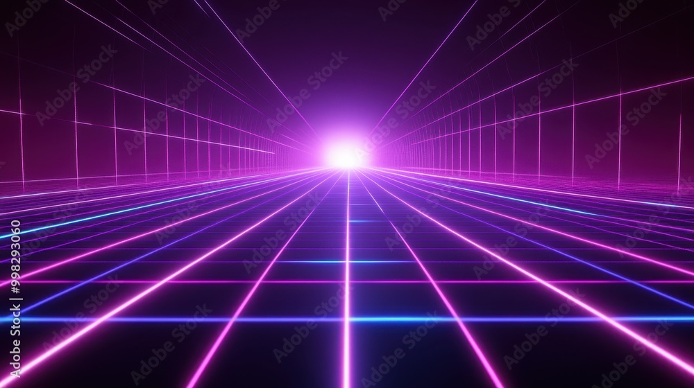 Neon grid background with bright, glowing lines converging into a distant vanishing point, evoking the 80s. Neon grid background with bright, glowing lines converging into a distant vanishing point, evoking the 80s.