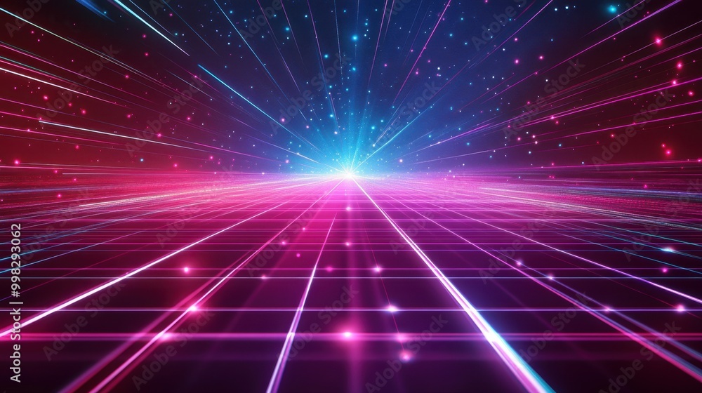 Neon grid background with bright, glowing lines converging into a distant vanishing point, evoking the 80s. Neon grid background with bright, glowing lines converging into a distant vanishing point, evoking the 80s.