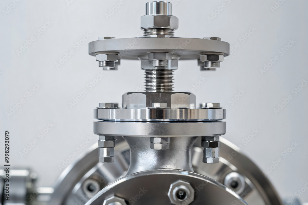Shiny new industrial valve with a threaded stem connecting two flanges is ready for installation Shiny new industrial valve with a threaded stem connecting two flanges is ready for installation