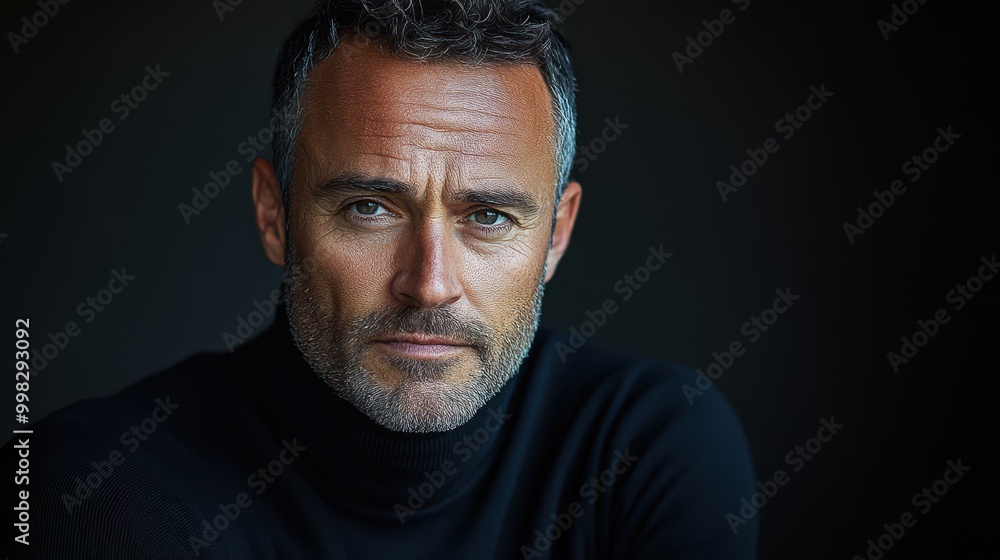 A close-up of a contemplative man in a black turtleneck against a dark background A close-up of a contemplative man in a black turtleneck against a dark background