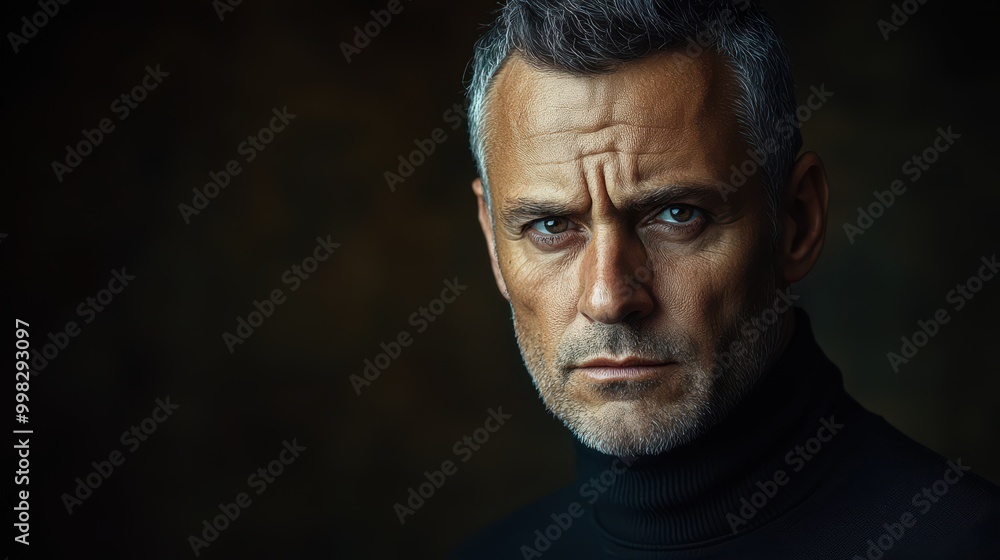 Captivating portrait of a serious man in a dark turtleneck sweater with piercing blue eyes Captivating portrait of a serious man in a dark turtleneck sweater with piercing blue eyes