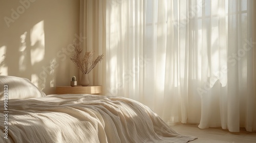 Minimalist bedroom with white linen bed and sheer curtains, sunlight streams in.