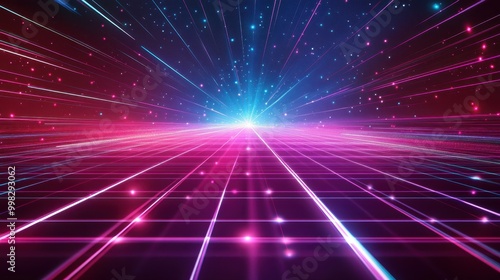 Neon grid background with bright, glowing lines converging into a distant vanishing point, evoking the 80s. photo