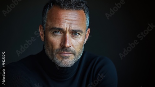 A close-up of a contemplative man in a black turtleneck against a dark background