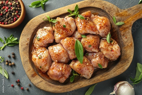 Chicken cubes on a wooden board. Perfect for food blogs, cooking websites, or recipes for delicious chicken dishes.