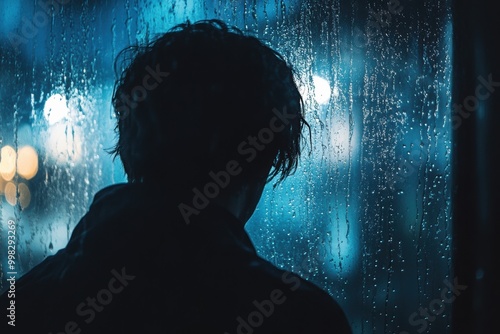 A lone individual stands by a rain-covered window, lost in thought as drops trickle down, capturing a moment of solitude and reflection. Generative AI photo