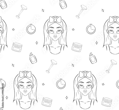 Beauty, Cosmetic, cream massage line icons. Vector seamless pattern background for fashion blogs, beauty salons, spas, hairdressers, or wellness centers.
