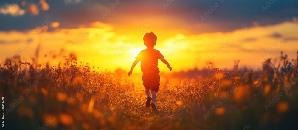 Obraz premium Silhouette of a child running towards the setting sun in a field of tall grass.