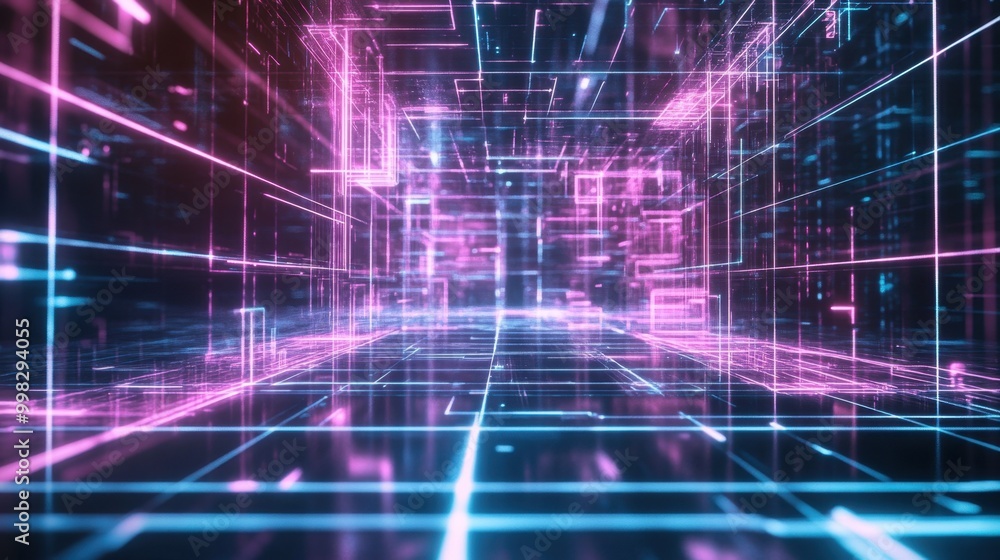 Fototapeta premium Bright neon gridlines form a digital landscape, glowing with electric pink and blue lights.