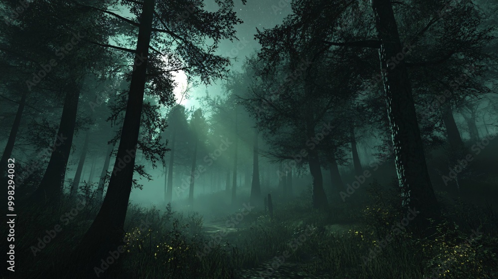 Fototapeta premium A mysterious path through a dense forest with fog and moonlight.
