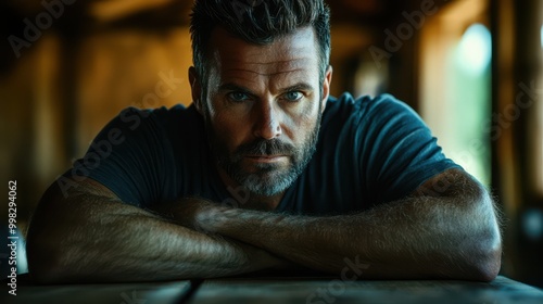 Thoughtful man with a rugged look resting on a table in a rustic setting during golden hour