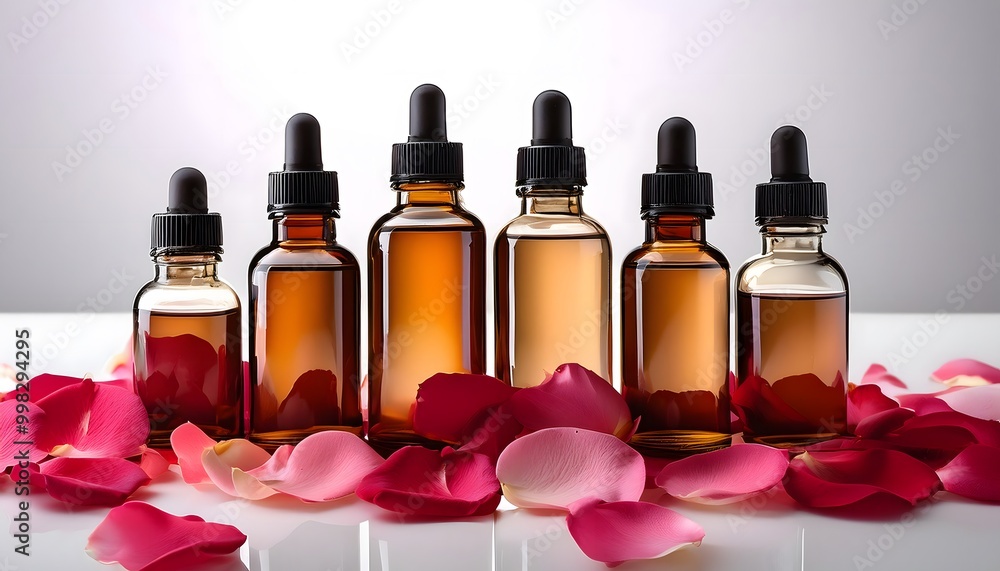 Bottles of essential oils surrounded by fresh rose petals, placed on a white background Bottles of essential oils surrounded by fresh rose petals, placed on a white background