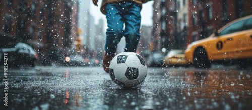 Fototapeta Naklejka Na Ścianę i Meble -  A young child kicks a soccer ball in a city street while it is raining.