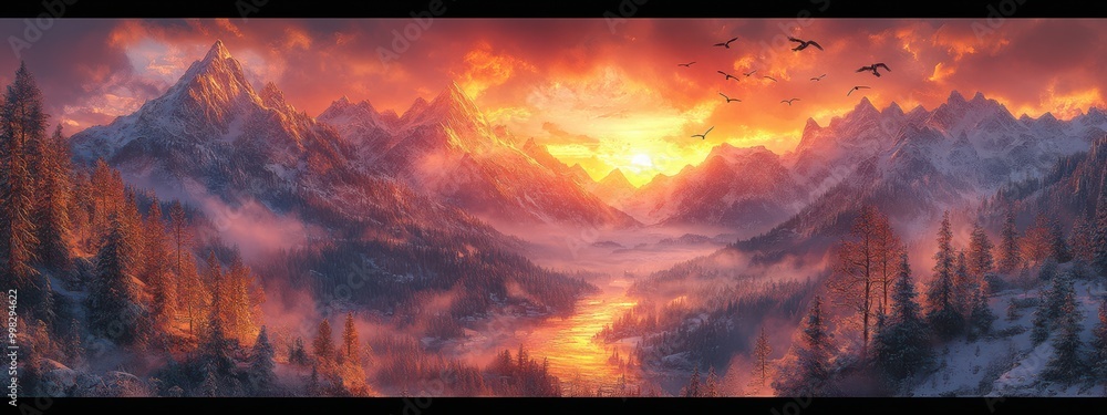 Majestic sunset over snow-capped mountains and a serene river in a tranquil valley landscape Majestic sunset over snow-capped mountains and a serene river in a tranquil valley landscape