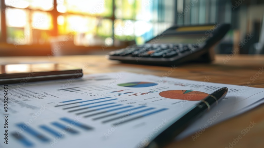 Cluttered Desk with Financial Documents and Calculator Cluttered Desk with Financial Documents and Calculator