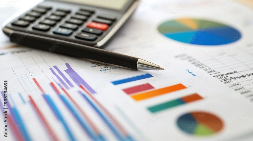 Cluttered Desk with Financial Documents and Charts Cluttered Desk with Financial Documents and Charts