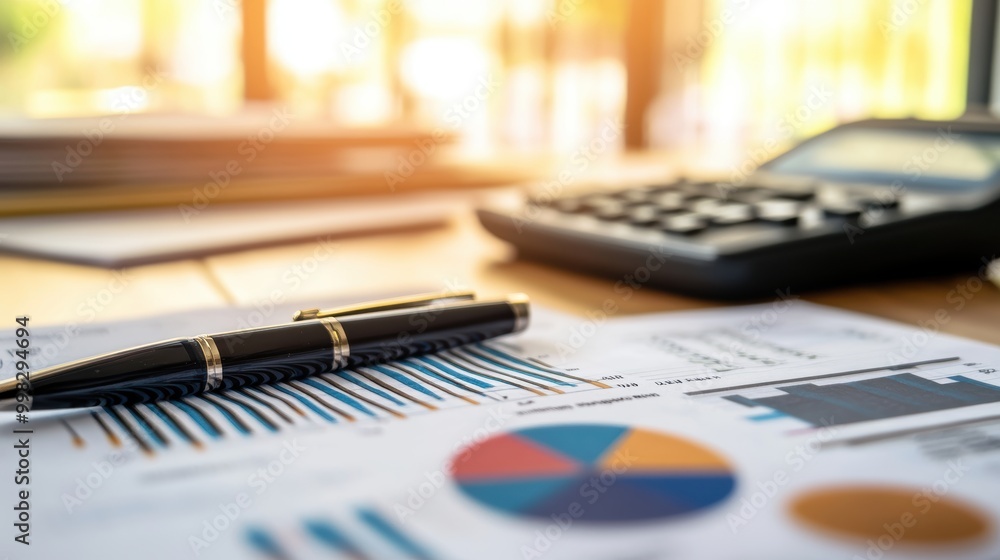 Cluttered Desk with Financial Documents and Calculator Cluttered Desk with Financial Documents and Calculator