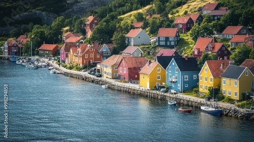 Wallpaper Mural A vibrant coastal town with rows of colorful houses, overlooking a sparkling sea and a lively harbor. Torontodigital.ca