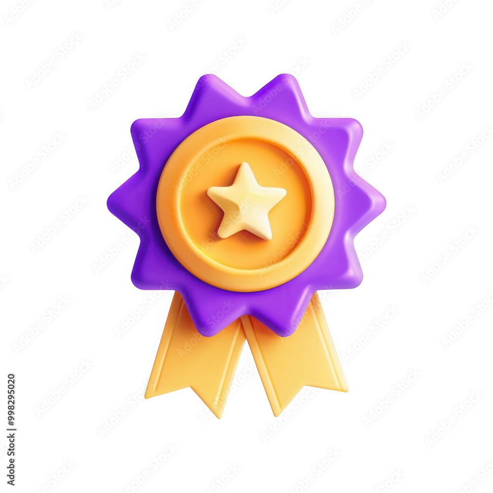 A 3D rendered badge design featuring a star and colorful ribbons. Suitable for awards and achievements. A 3D rendered badge design featuring a star and colorful ribbons. Suitable for awards and achievements.