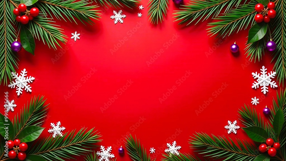 Christmas background with fir tree branches, red baubles and berries on red background. Top view. Christmas background with fir tree branches, red baubles and berries on red background. Top view.