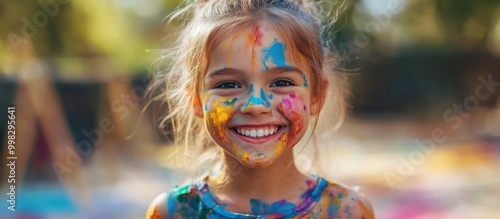 A young girl with paint on her face smiles brightly at the camera.