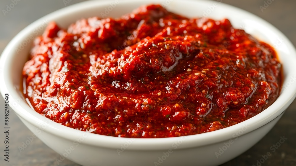 Bowl of rich red chili paste for culinary use. Bowl of rich red chili paste for culinary use.