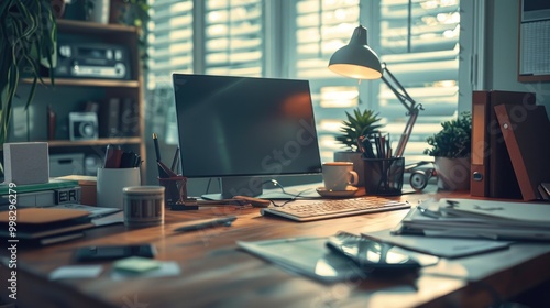 Businesswoman's desk with organized setup.