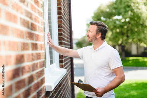 Man inspecting house window outside on day light
