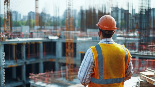 Focused male engineer inspecting a construction site, experienced and precise. Engineering firms, construction companies, safety equipment.