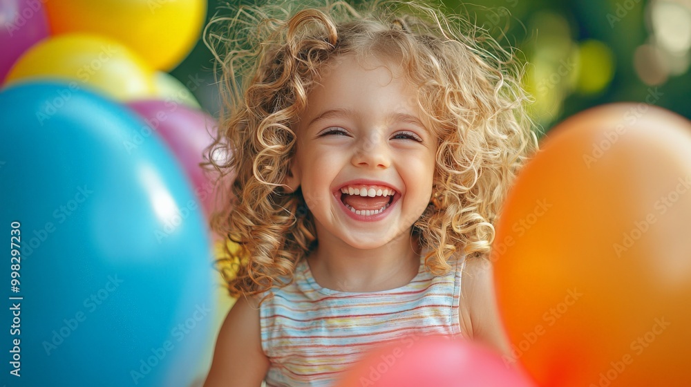 Adorable 5 year old girl with curly blonde hair playing with colorful balloons outdoors, laughing joyfully. Children toys, party supplies, childcare services. Adorable 5 year old girl with curly blonde hair playing with colorful balloons outdoors, laughing joyfully. Children toys, party supplies, childcare services.