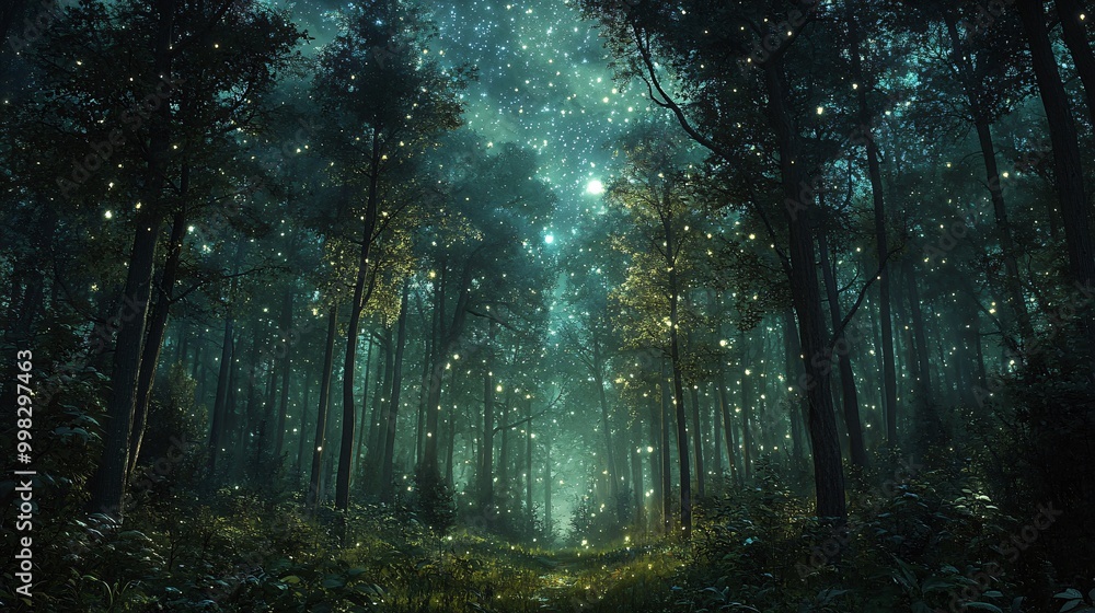 Obraz premium A mystical forest at night with fireflies and a starry sky above.