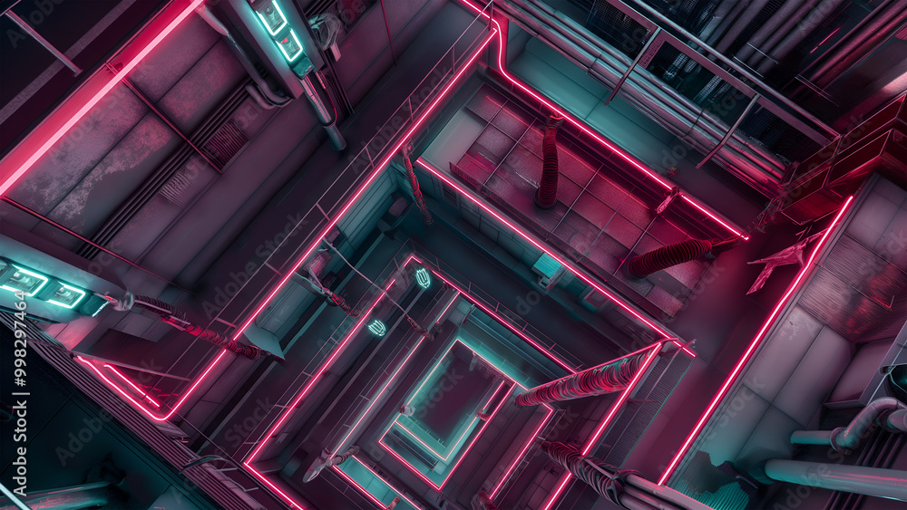 Obraz premium Cyberpunk RPG Battle Map for Sci-Fi DnD, Top-Down View Map for TTRPG Sessions, Urban Adventure Game Background with Neon Lights and Futuristic Cityscapes, Digital RPG Asset for Virtual Tabletop Play