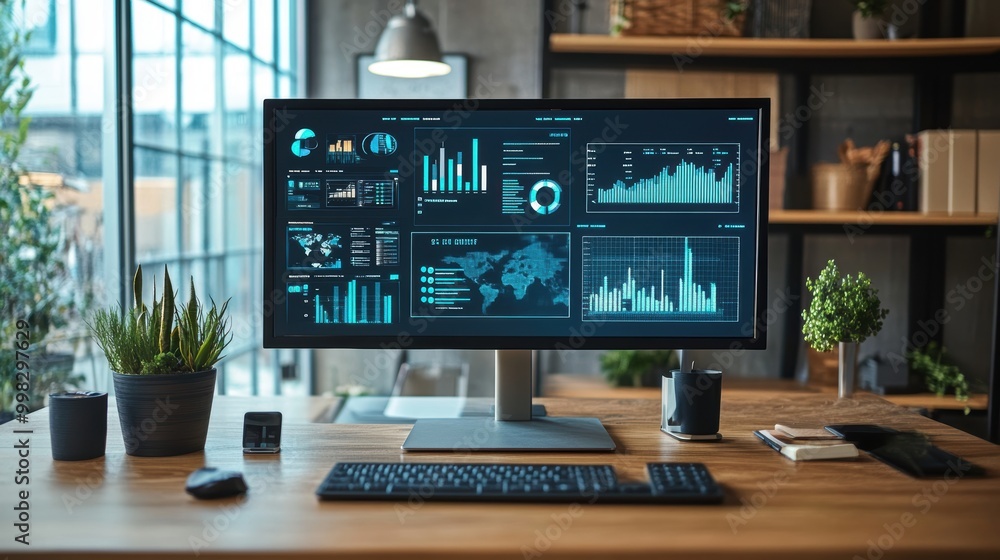 Modern High-Tech Workspace with Digital Dashboards Modern High-Tech Workspace with Digital Dashboards