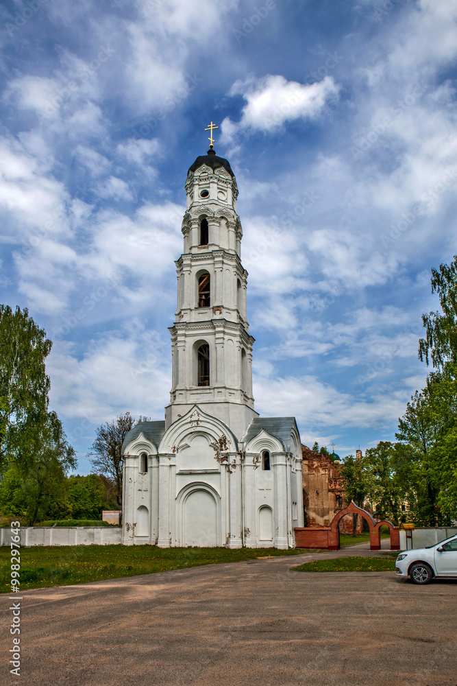 A tall bell tower 60 meters high. Pustynsky Holy Dormition Monastery. Mstislavsky District. Mogilev Region. Belarus A tall bell tower 60 meters high. Pustynsky Holy Dormition Monastery. Mstislavsky District. Mogilev Region. Belarus