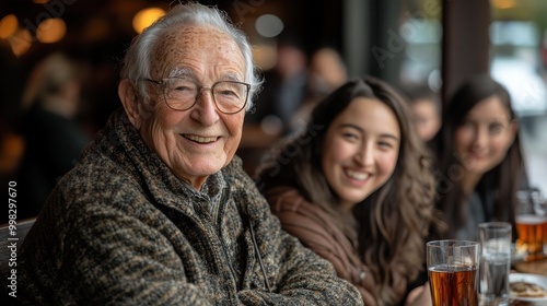 Happy senior man with his family enjoying a meal at a restaurant.