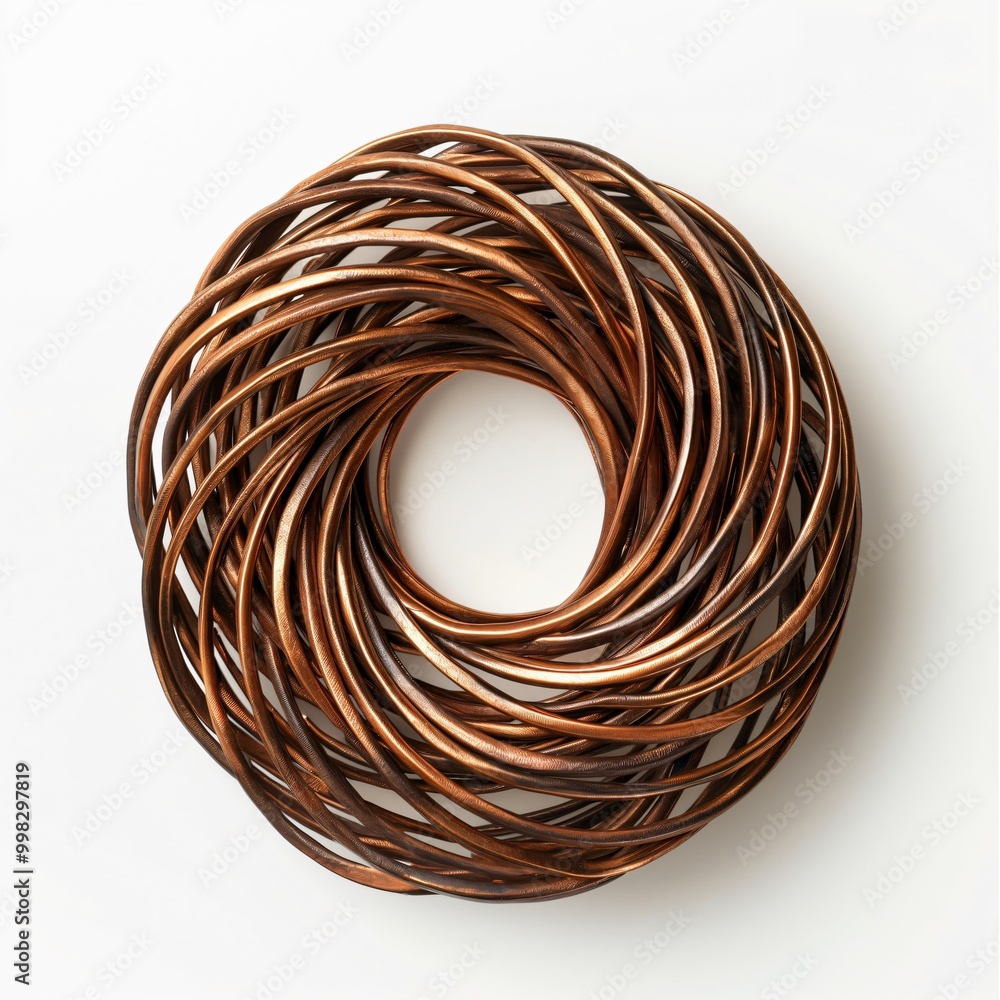 Intricate copper wire coil forming a mesmerizing circular pattern, showcasing the beauty of industrial materials Intricate copper wire coil forming a mesmerizing circular pattern, showcasing the beauty of industrial materials