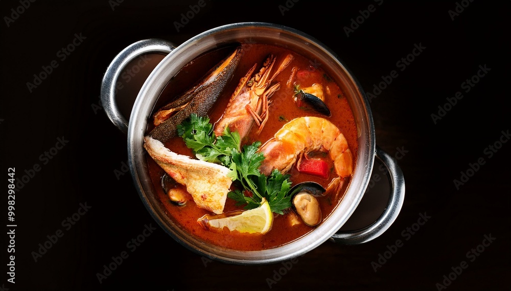Top view of a traditional Creole Cajun court bouillon with fish and seafood gumbo stew in a pot. Top view of a traditional Creole Cajun court bouillon with fish and seafood gumbo stew in a pot.