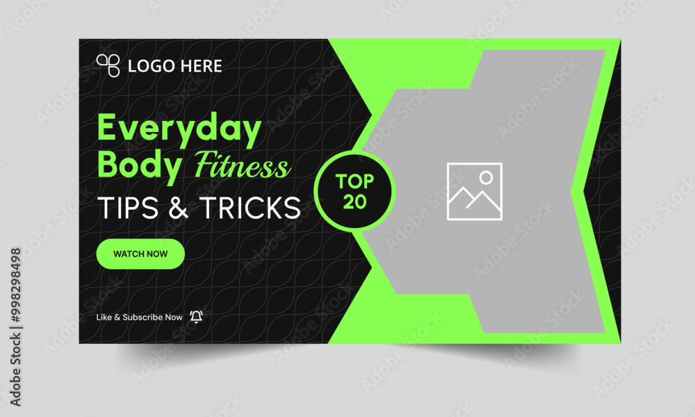 Daily body fitness techniques video cover banner design, workout plan tips and tricks video thumbnail banner, customizable vector eps 10 file format Daily body fitness techniques video cover banner design, workout plan tips and tricks video thumbnail banner, customizable vector eps 10 file format